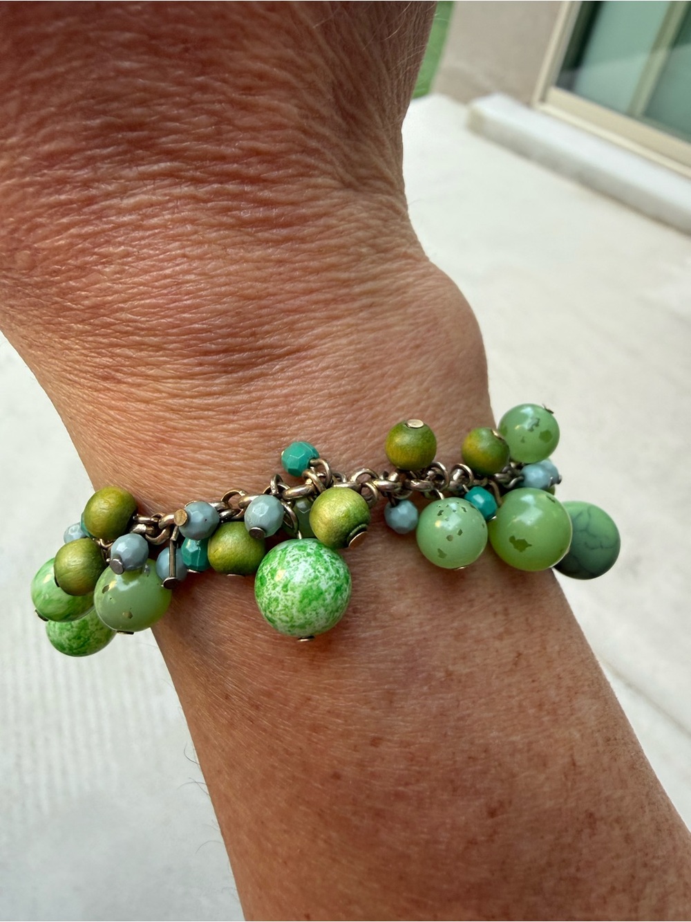 Green Beaded Cha Cha Charm Bracelet, Toggle Clasp, Boho Cluster, 8"